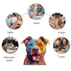 A colorful wooden dog jigsaw puzzle for adults surrounded by various people and relationships.