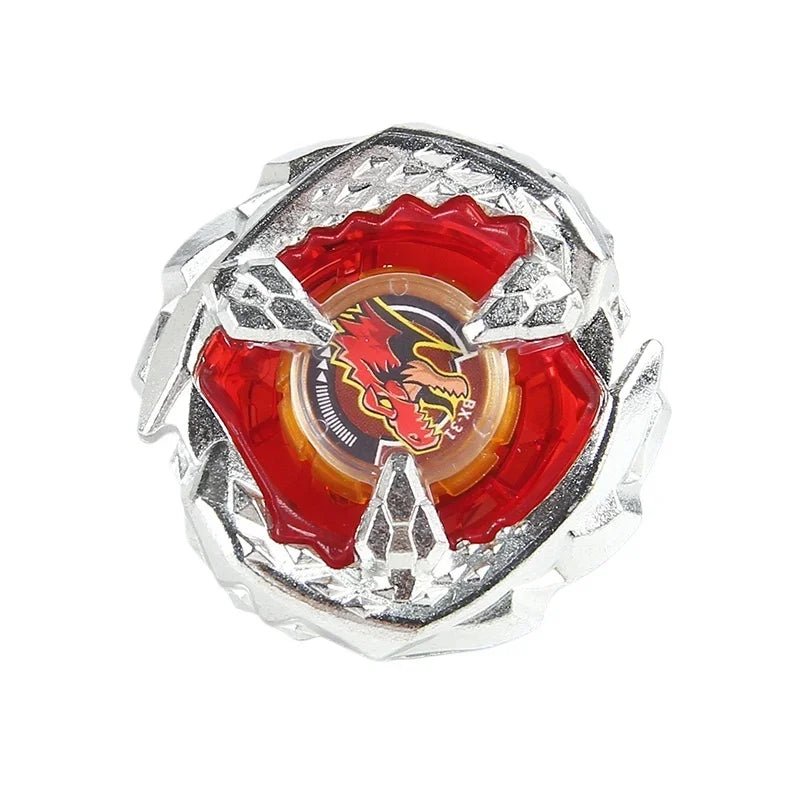 Silver metal spinning top featuring a red and black dragon design.