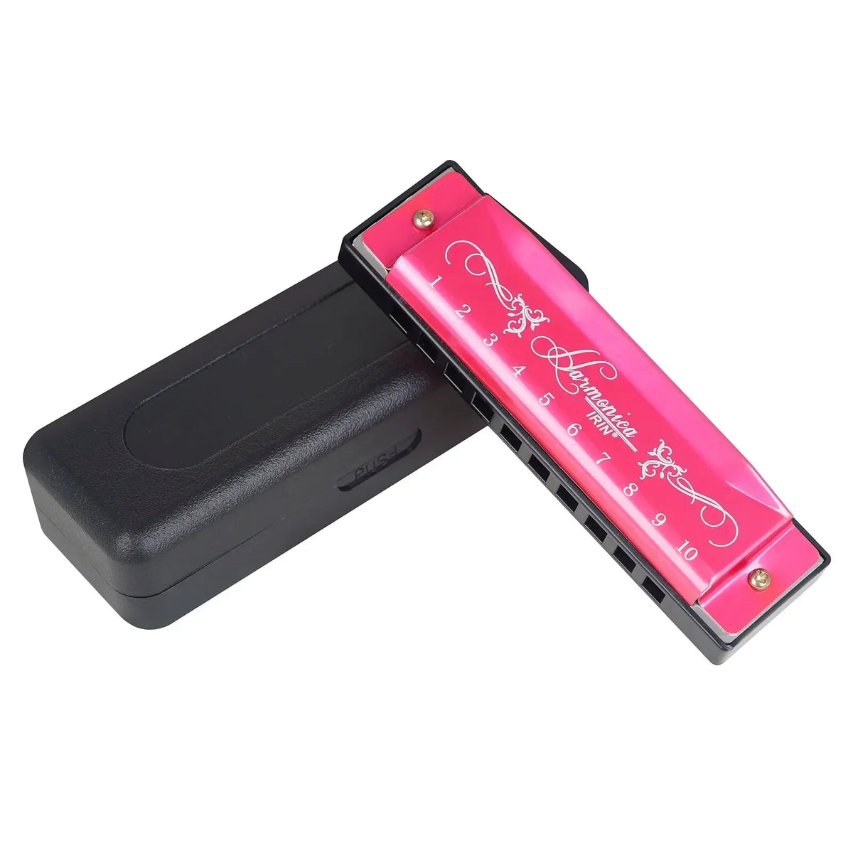 A pink and black 10-hole harmonica with numbered holes and a decorative design for beginners.