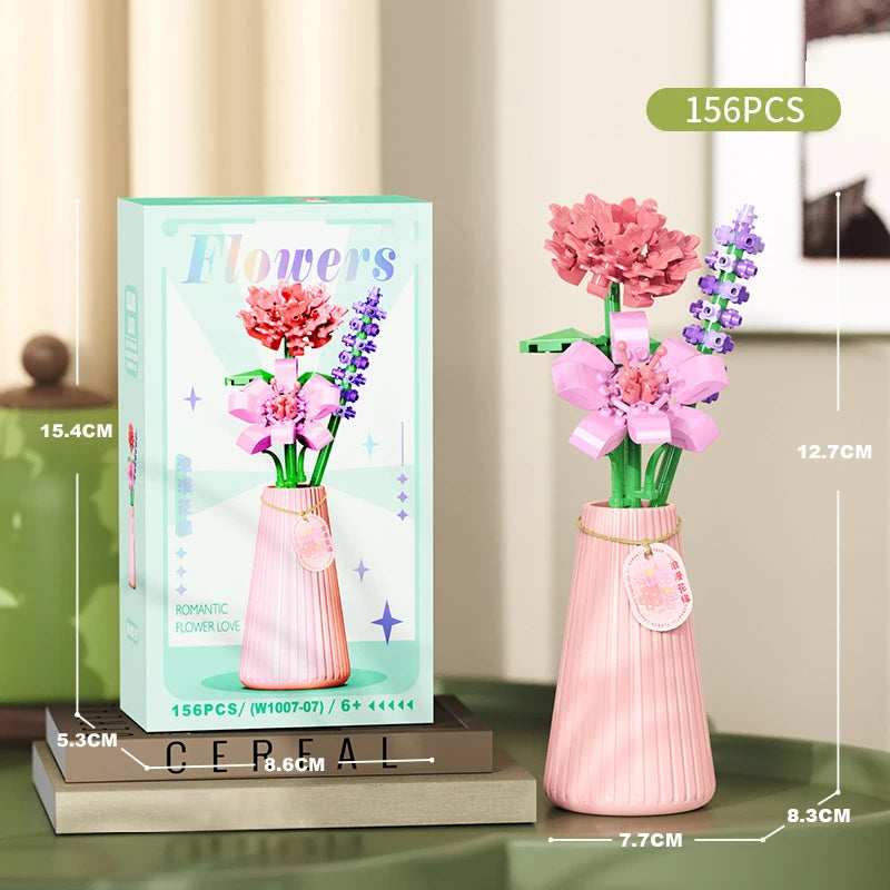 A set of 156 flower bouquet building blocks with a vase featuring pink and purple flowers for home decor