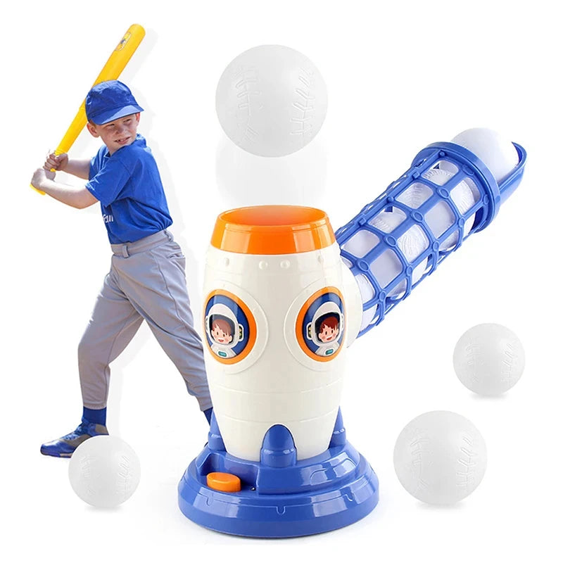 A child is operating an automatic baseball pitching machine that launches a ball with a bat.