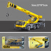 Yellow HULIA die-cast toy excavator construction vehicle with a long boom shown in a studio setting.
