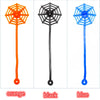 Three colorful stretchy spider web toys in orange, black, and blue for party favors or prizes.