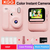 Pink instant camera showing a child, with options for 1080P printing, color printing, and music playback.