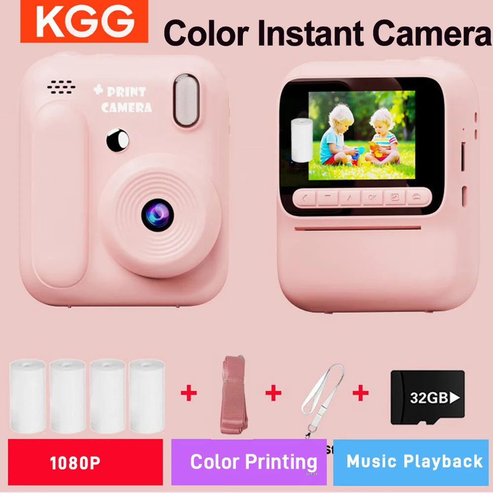 Pink instant camera showing a child, with options for 1080P printing, color printing, and music playback.