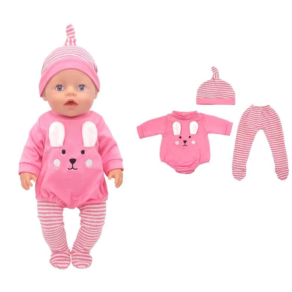 A pink doll outfit set featuring a hat, long-sleeved top, and striped pants.