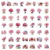 A collection of watercolor peach blossom tree illustrations in various styles and colors.