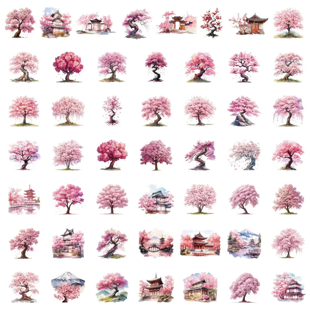 A collection of watercolor peach blossom tree illustrations in various styles and colors.