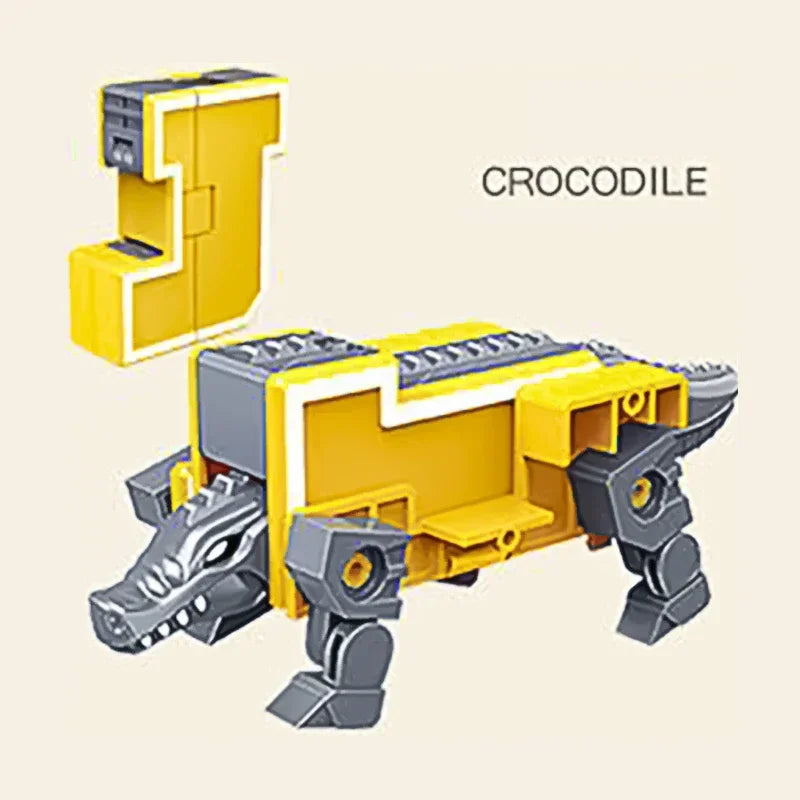 A yellow and gray alphabet transformable robot toy set featuring a crocodile design.