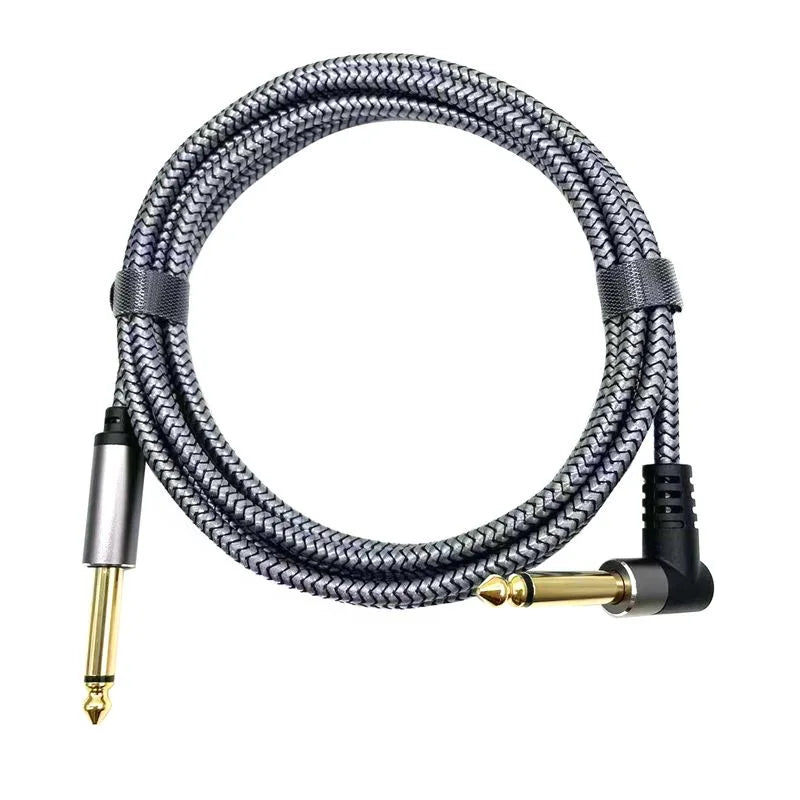 Black braided instrument cable with a right-angle connector for guitar and bass