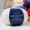 A ball of white YEDAN MERIN wool thread is shown next to a scale indicating 10 pieces weigh 500g.