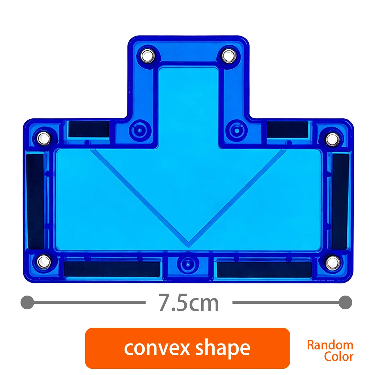 A bright blue magnetic building block with a convex shape and random color.