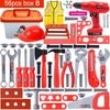 A collection of red and yellow battery-powered tools, including a drill, pliers, hammers, and various hand tools, displayed i