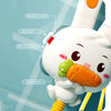 A white rabbit-shaped electric bath shower toy for kids with multiple spray modes and an orange carrot accessory.