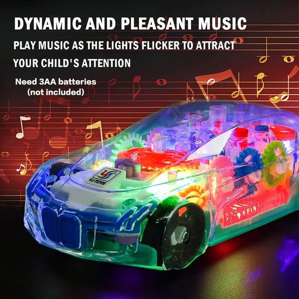 A transparent, rotating toy car model with flashing lights and musical notes is displayed on a dark surface.