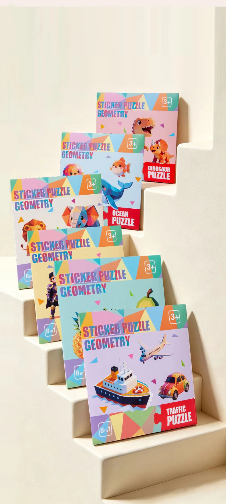 A stack of sticker puzzle kits featuring dinosaur and animal designs on colorful cardboard boxes.