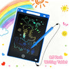 An 8.5-inch LCD writing tablet with a blue stylus pen is shown on a white background surrounded by colorful rainbows and suns