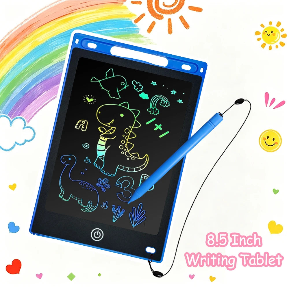 An 8.5-inch LCD writing tablet with a blue stylus pen is shown on a white background surrounded by colorful rainbows and suns