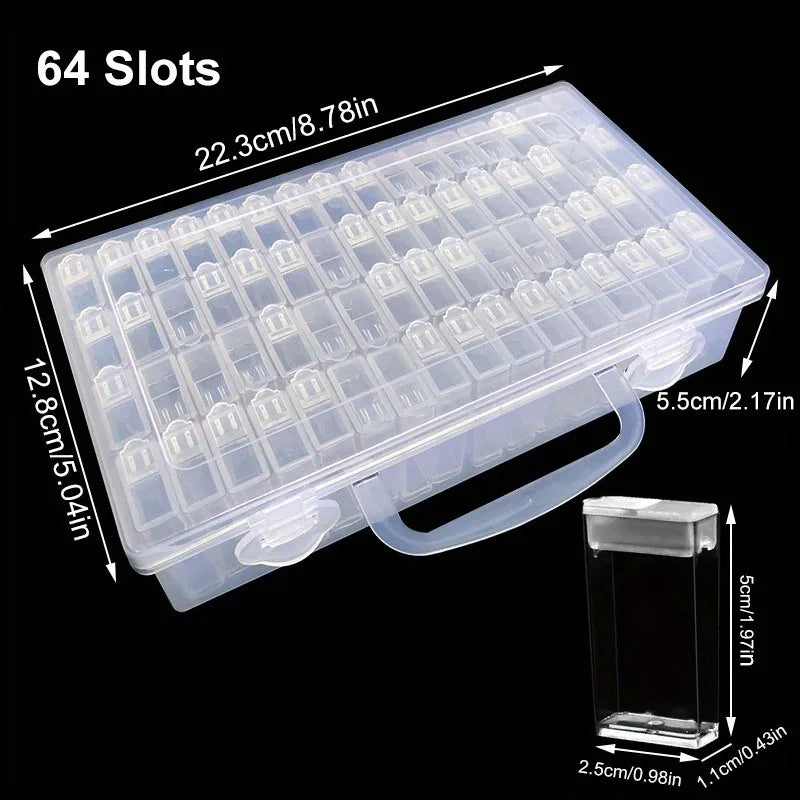 A clear plastic storage organizer with 64 slots is shown, along with a small glass storage container.