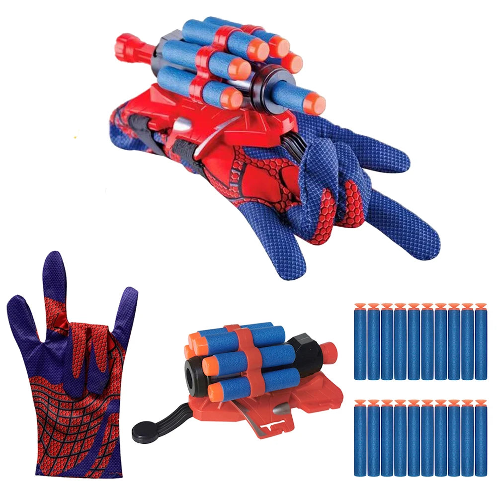 A set of superhero web shooter gloves and a corresponding toy gun in red, blue, and orange colors.