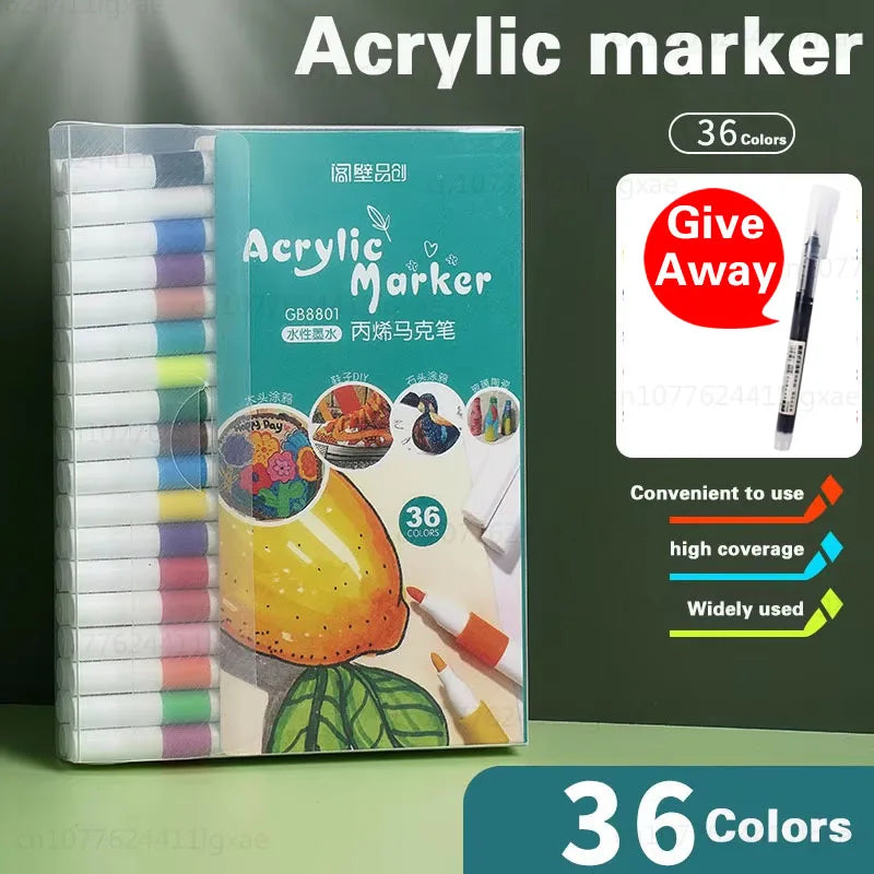 A set of 36 colored acrylic markers packaged in a clear plastic case for art and painting