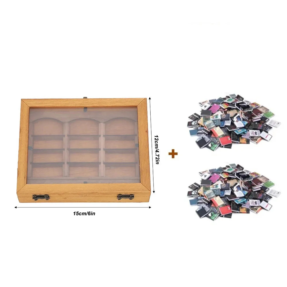 Wooden bookshelf decor with a clear compartment and a pile of mini fidget books