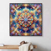 A vibrant, detailed diamond painting featuring a colorful mandala abstract design with intricate floral patterns.