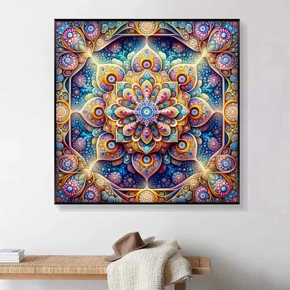 A vibrant, detailed diamond painting featuring a colorful mandala abstract design with intricate floral patterns.