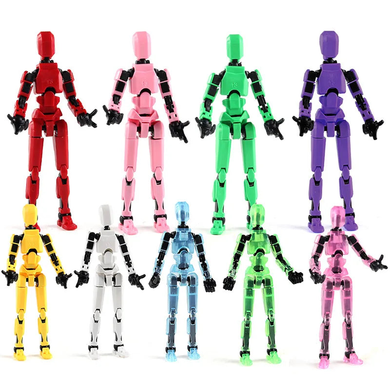 A collection of multi-jointed shapeshifting puppets in various colors including red, pink, green, purple, yellow, and blue.