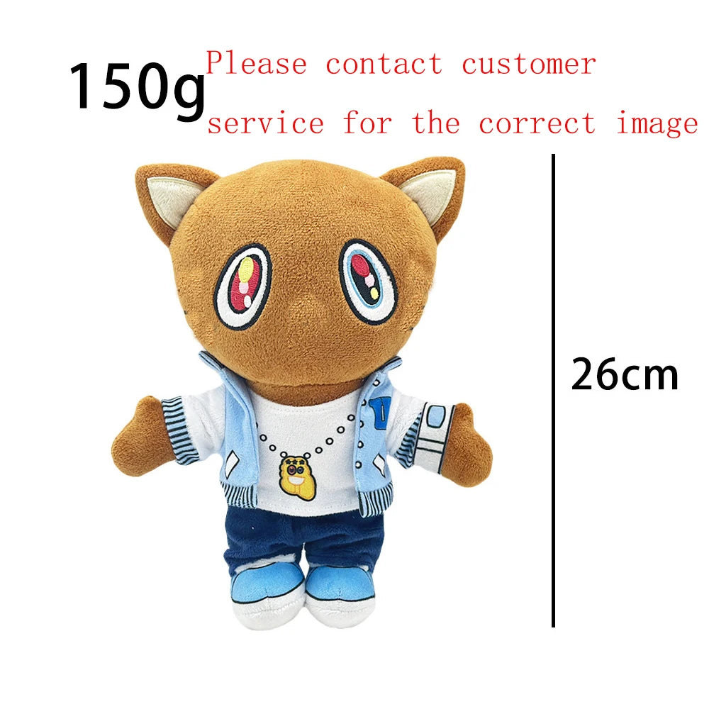 A brown collectible plush doll resembling a cat wearing a blue jacket and blue pants.