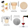 A set of ten reusable T-shaped wine bottle stoppers in various wood and metal colors are shown.