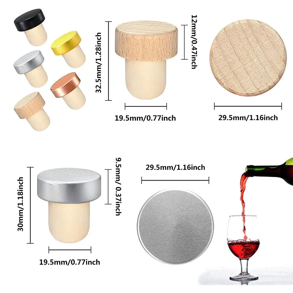 A set of ten reusable T-shaped wine bottle stoppers in various wood and metal colors are shown.