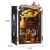 A wooden 3D puzzle dollhouse kit depicting a magical city castle with an arched entrance and bookshelf.