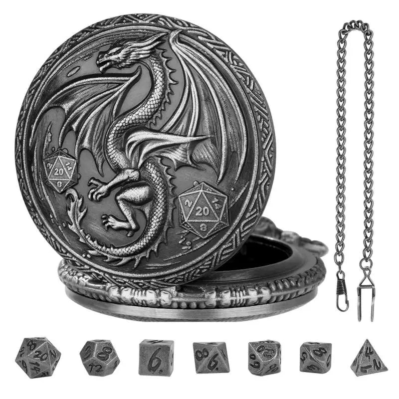 Metal Polyhedral Dice Set with Pocket Watch Case