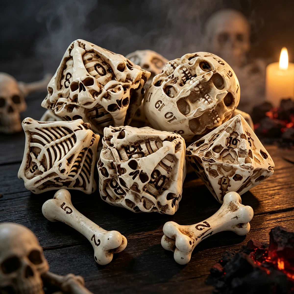A set of carved bone and skull polyhedral dice resting on a wooden surface with glowing embers.