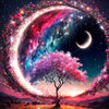 A vibrant night scene featuring a glowing moon, a pink flowering tree silhouette, and a colorful nebula background.