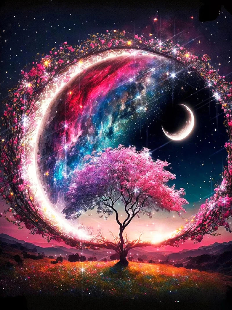 A vibrant night scene featuring a glowing moon, a pink flowering tree silhouette, and a colorful nebula background.