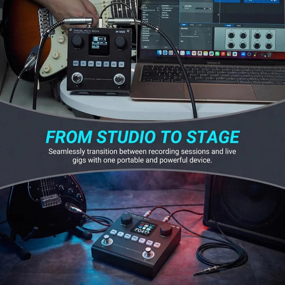 A portable multi-effects pedal is shown on a wooden surface with guitar equipment in the background.