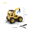A yellow metal building block off-road vehicle and excavator engineering kit with a black scoop and wheels.