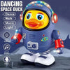 A blue and yellow interactive space duck toy with lights and sound functions is shown against a dark background.