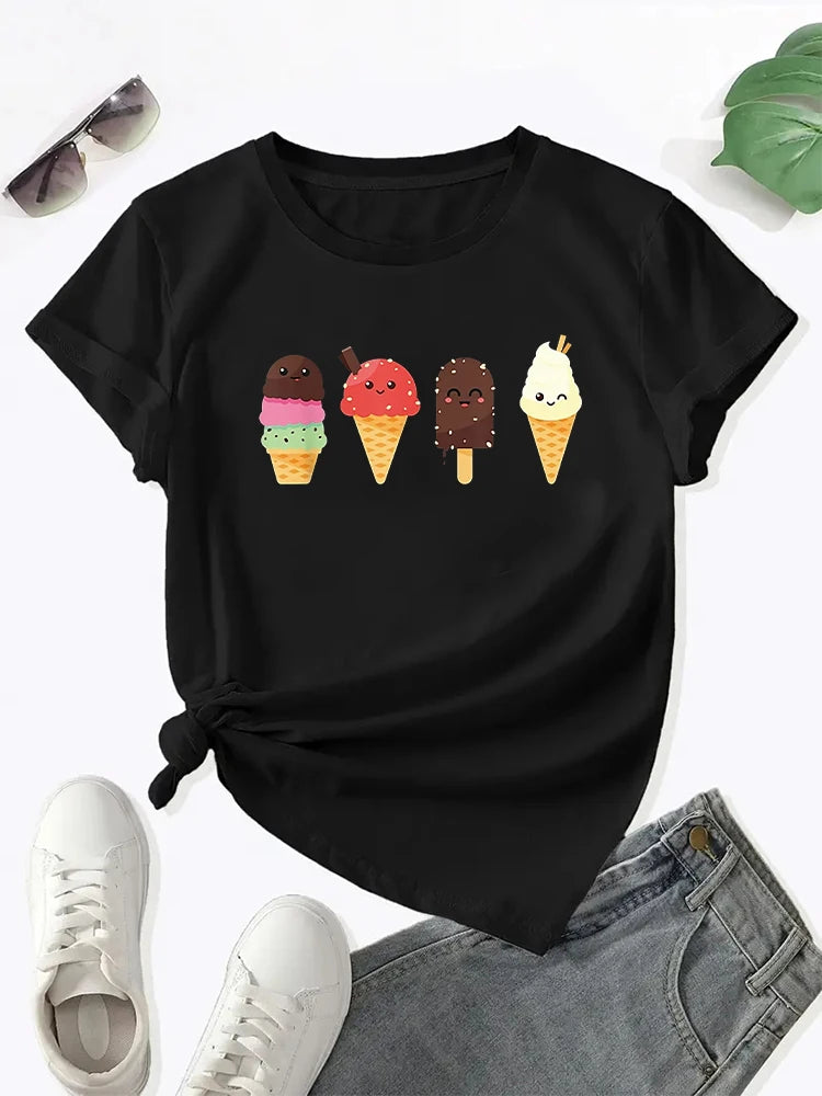Black women's t-shirt featuring a graphic print of various ice cream cones.