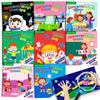 A collection of colorful sticker books for toddlers featuring concentration training and animal scenes.