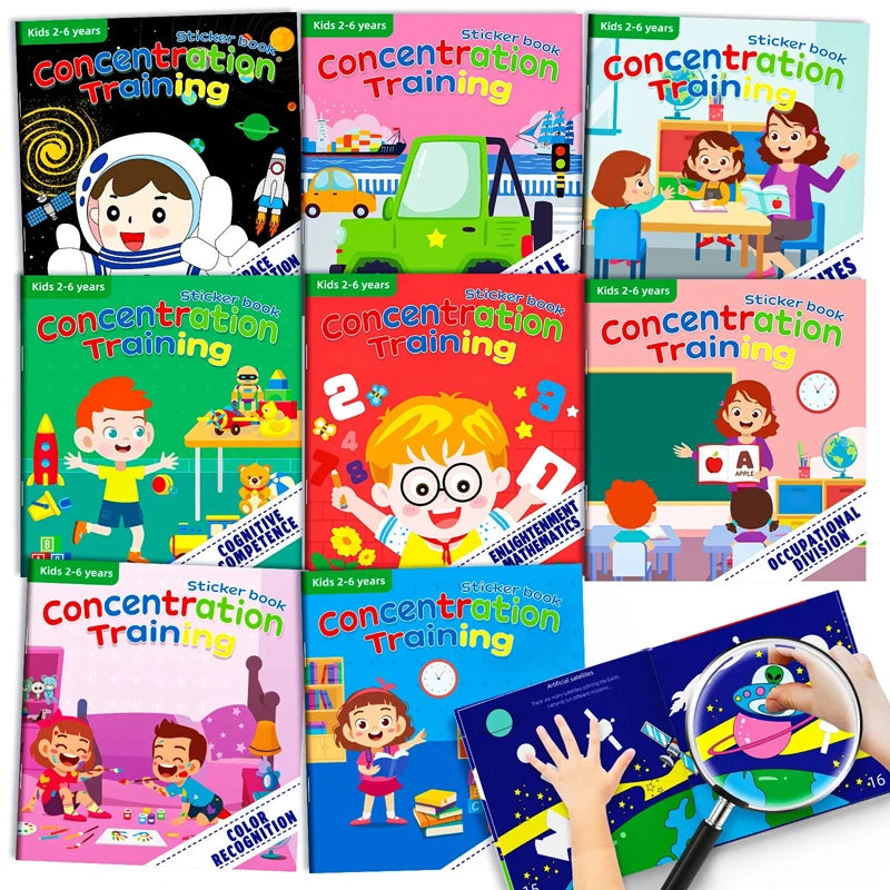 A collection of colorful sticker books for toddlers featuring concentration training and animal scenes.