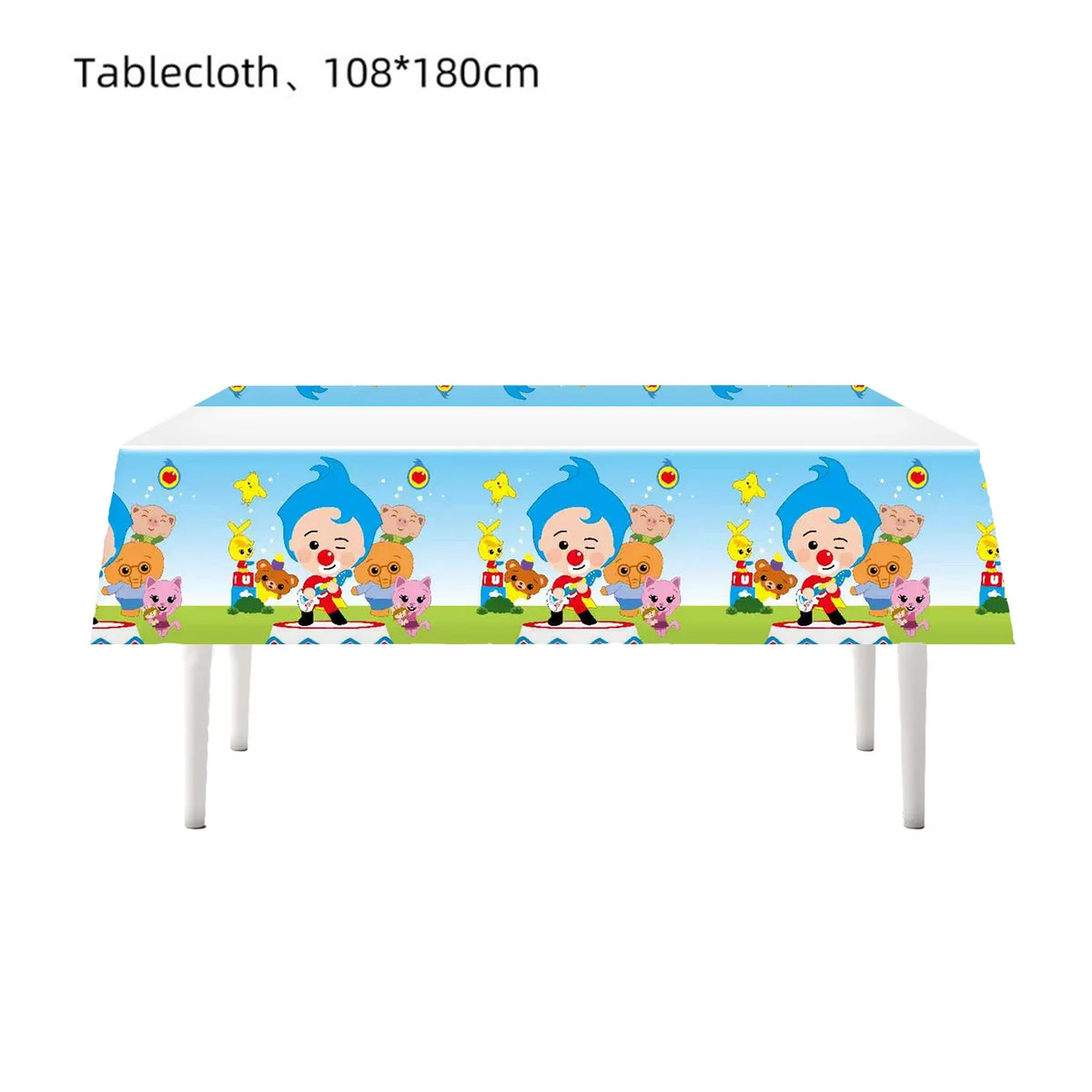 A tablecloth featuring colorful circus clown balloon party decorations for kids' birthdays.