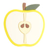 A silicone baby teether set shaped like an apple with a green leaf and internal fruit details.