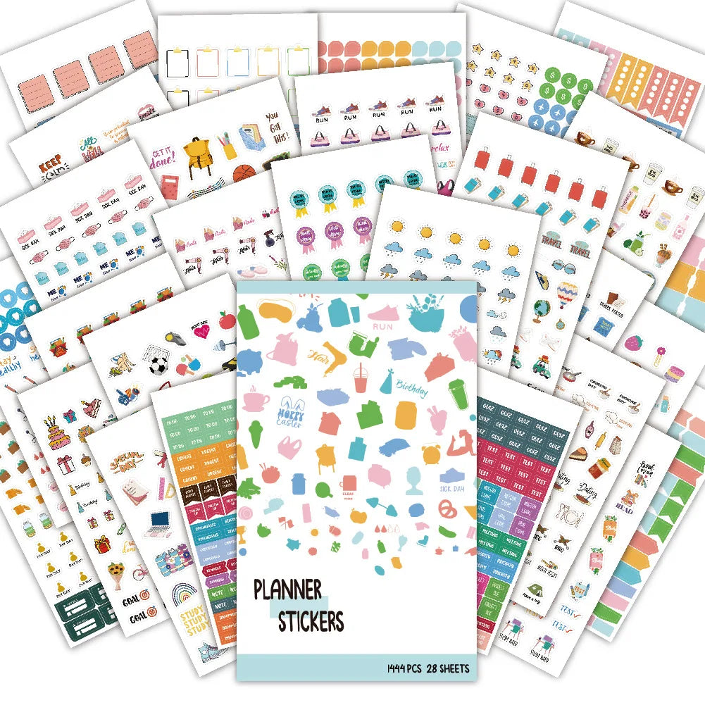 A collection of daily planner stickers for journals and bullet journals featuring various icons and designs.