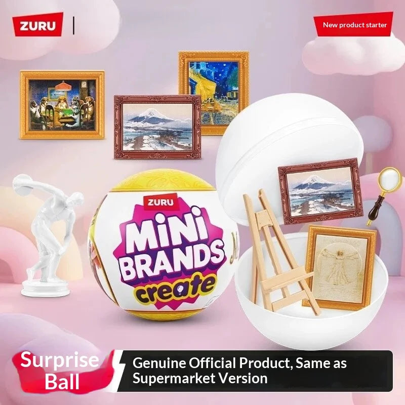 A yellow ZURU Mini Brands create surprise ball collectible surrounded by various framed products and a magnifying glass.