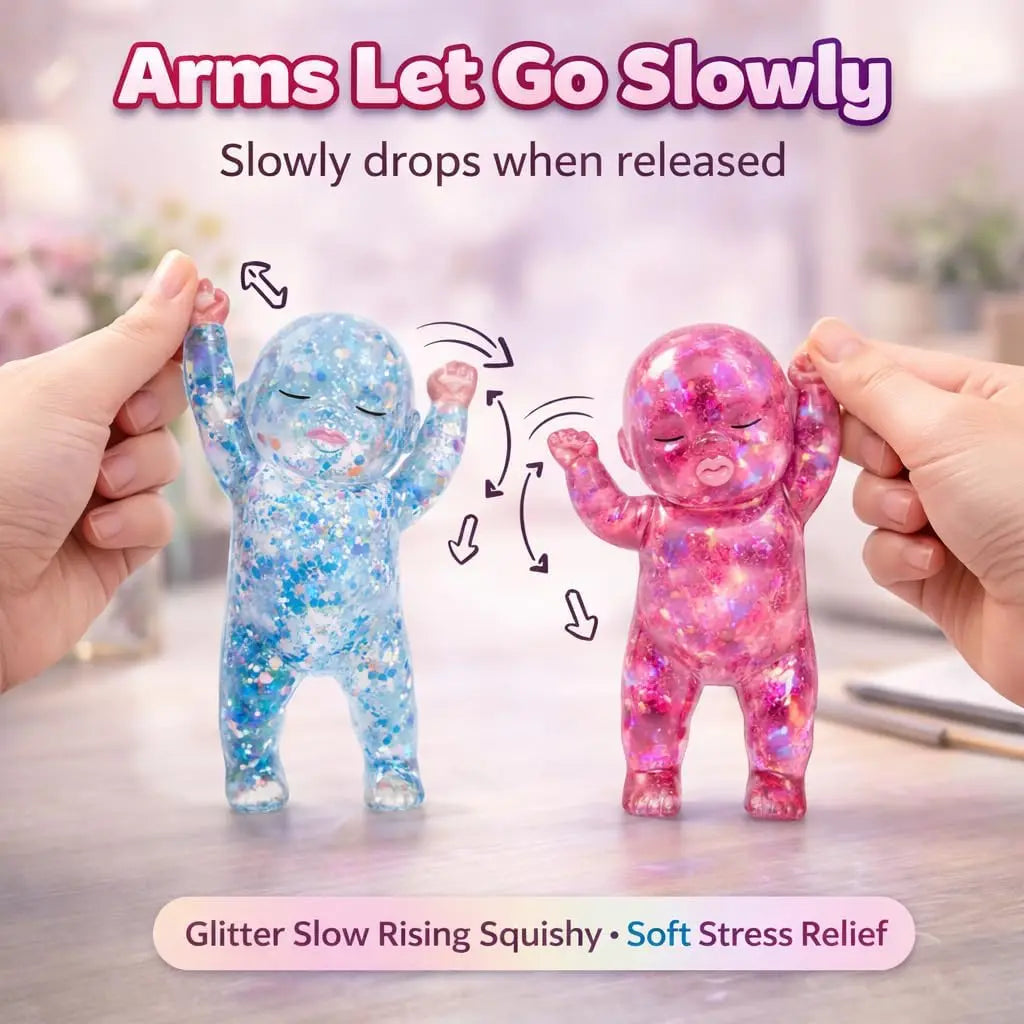 Hands hold two glitter silicone squishy toys, one blue and one pink, demonstrating slow dropping for stress relief.