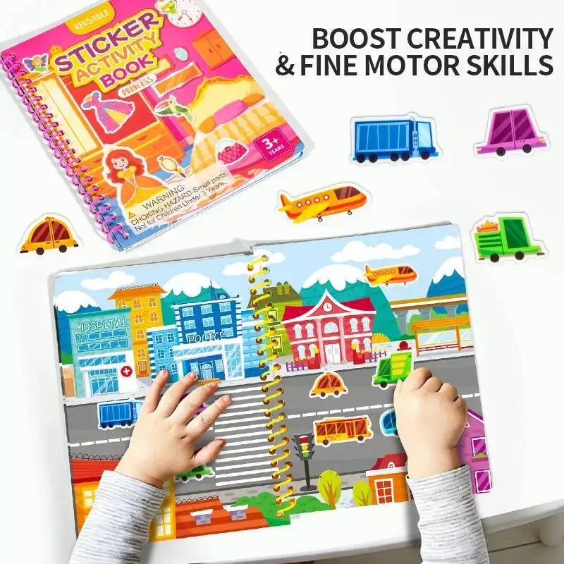 A colorful sticker activity book for kids featuring various themes and fine motor skill exercises.