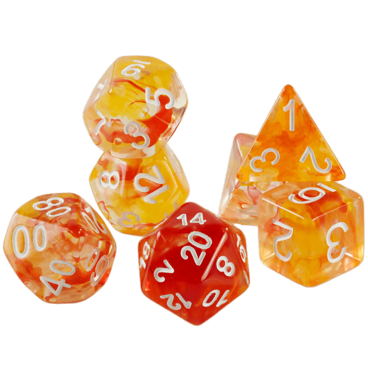 A set of seven polyhedral dice with an orange and red haze swirl effect.